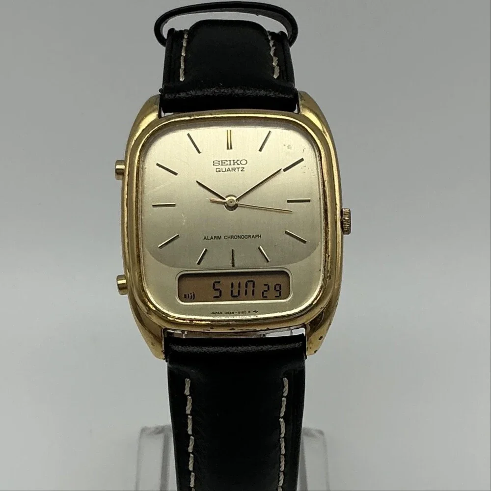 Vintage Seiko H449-5109 Mens Watch 28mm Alarm Chronograph Gold Tone New Battery